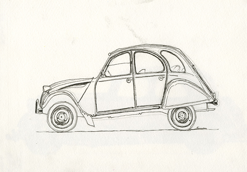 Überspitzte Skizze eines Oldtimers mit Fineliner.