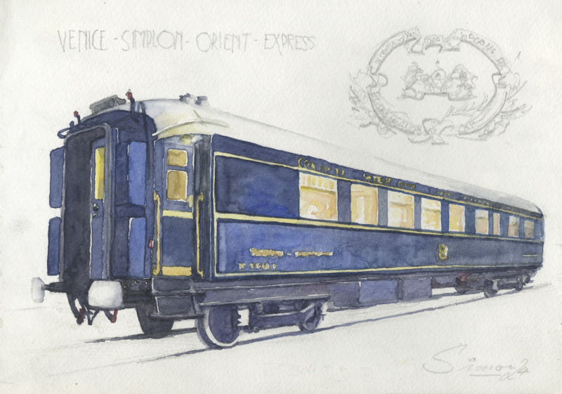 CIWL-Wagon des Luxuszuges Orient-Express in der Cité du Train (Mulhouse) in Aquarell