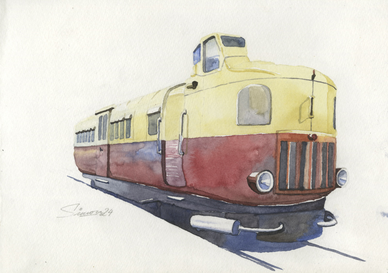 Eisenbahn Autorail Michelin in der Cité du Train (Mulhouse) in Aquarell