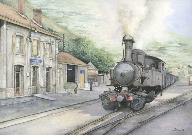 Mallet 403 bei Einfahrt in den Bahnhof Le Cheylard, Ardèche in Aquarell (Fotografie von 