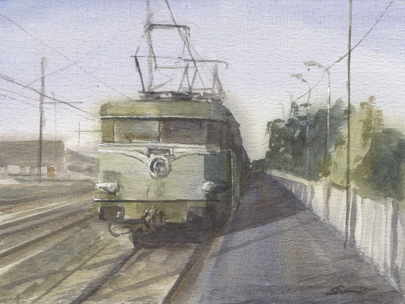 E-Lok SNCF BB 9200 im Bahnhof bei Sonnenuntergang abends in Aquarell