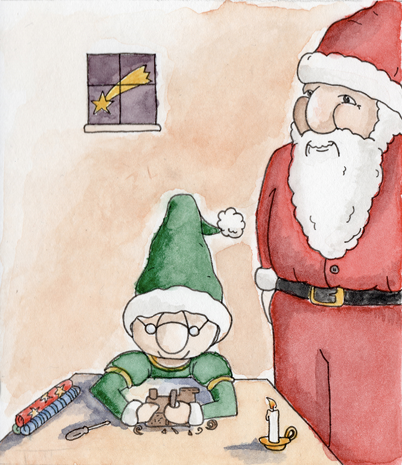 Weihnachtskartenmotiv für die Familie mit Bleistift vorgezeichnet, dann mit Fineliner und Buntstift ausgearbeitet.