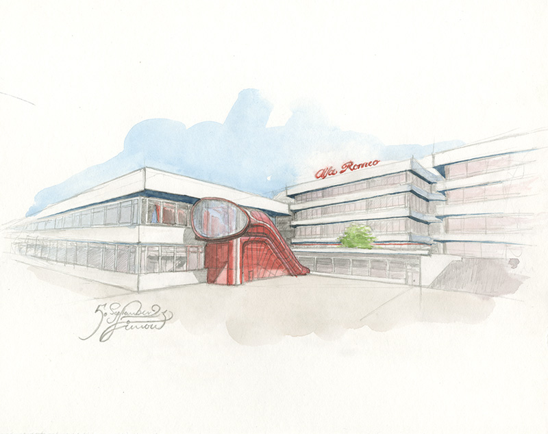Eine Architekturskizze in lockerem Aquarell.