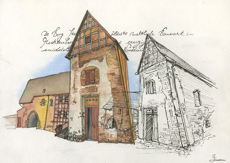 Eine Architekturskizze in lockerem Aquarell.