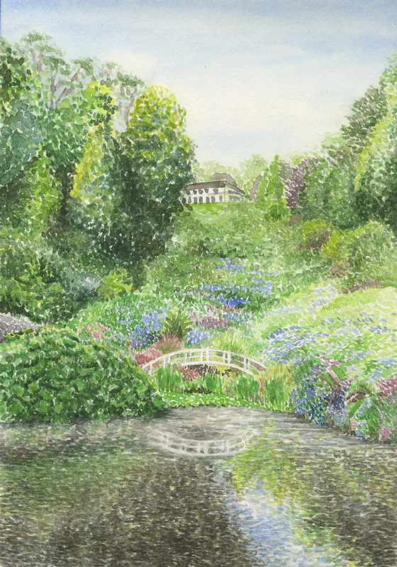 Malerei einer blühenden Landschaft im impressionistischem Stil Pointillismus.