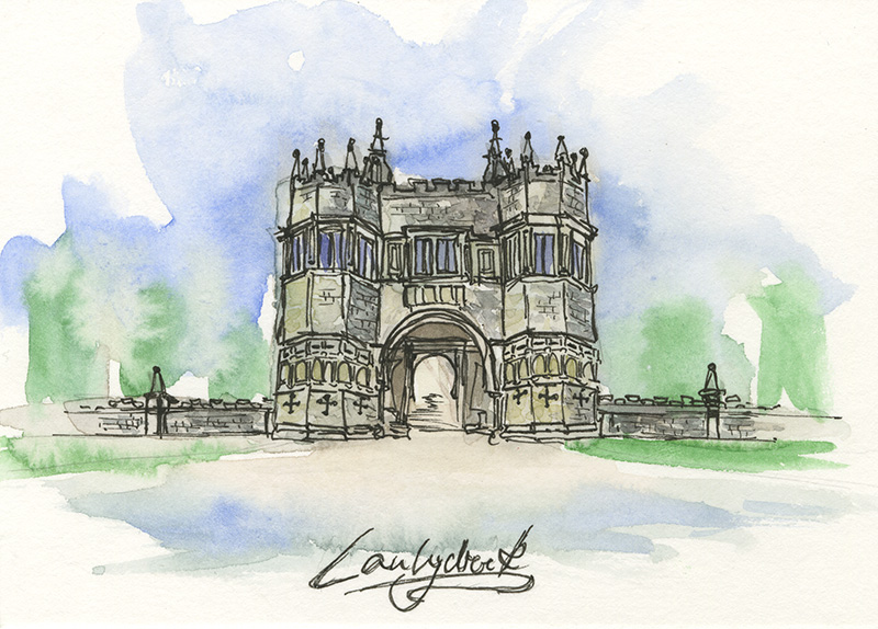 Eine Architekturskizze in lockerem Aquarell eines englischen Anwesens.