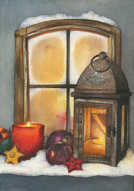 Stimmungsvolle, klassische Bundtstiftzeichnung für Weihnachten mit Laternen und Christbaumschmuck.   