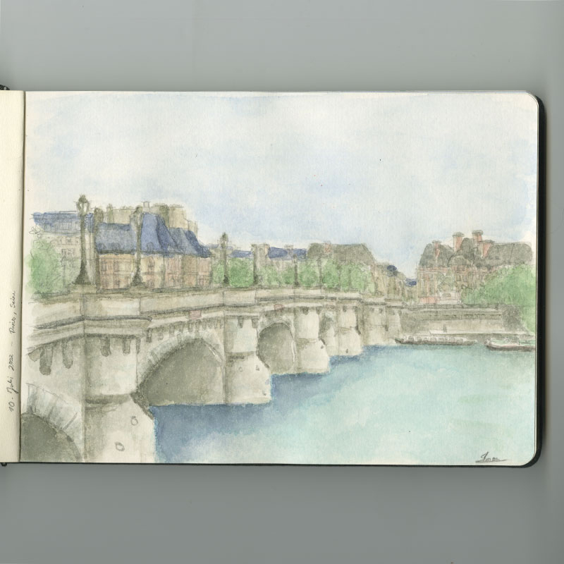 Skizzen mit Bleistift, Fineliner und Aquarell unterwegs im Skizzenbuch. In den Ferien ein paar Tage in Paris an der Seine.