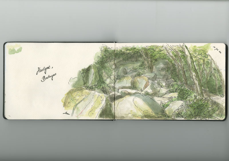 Skizzen mit Bleistift, Fineliner und Aquarell unterwegs im Skizzenbuch. In den Ferien ein paar Tage in der Bretagne, Frankreich