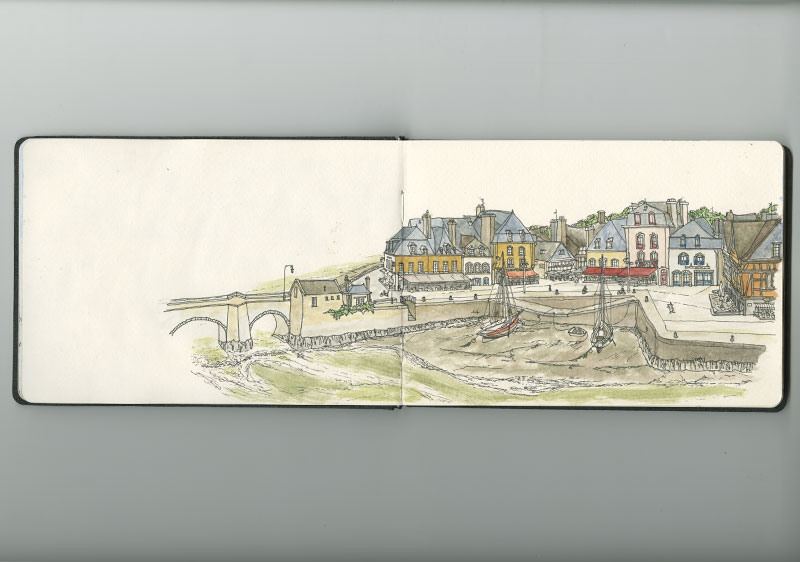 Skizzen mit Bleistift, Fineliner und Aquarell unterwegs im Skizzenbuch. In den Ferien ein paar Tage in der Bretagne, Frankreich