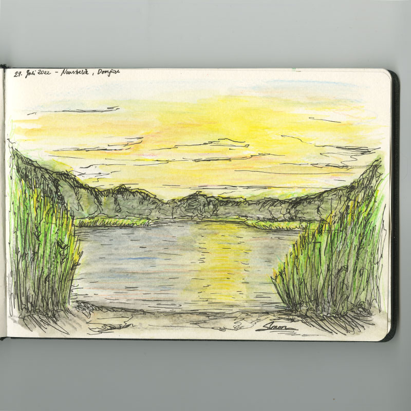 Skizzen mit Bleistift, Fineliner und Aquarell unterwegs im Skizzenbuch. Ferien und freies Zeichnen.