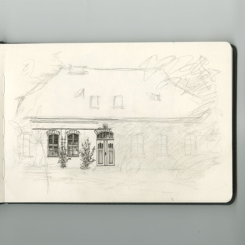 Skizzen mit Bleistift, Fineliner und Aquarell unterwegs im Skizzenbuch. Ferien und freies Zeichnen.