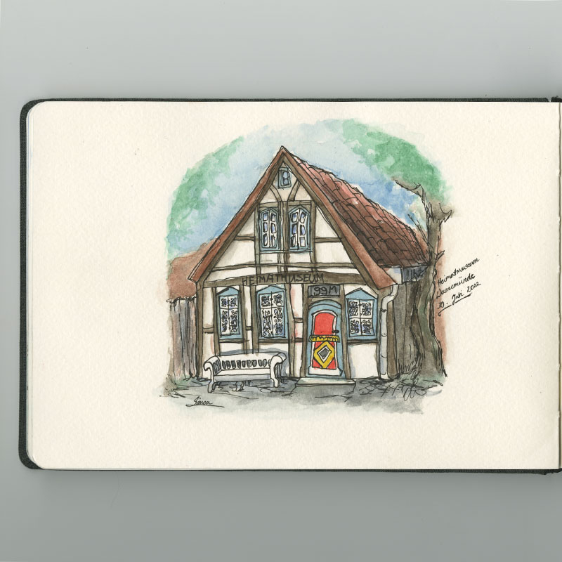 Skizzen mit Bleistift, Fineliner und Aquarell unterwegs im Skizzenbuch. Ferien und freies Zeichnen.