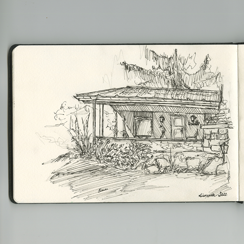 Skizzen mit Bleistift, Fineliner und Aquarell unterwegs im Skizzenbuch. Ferien und freies Zeichnen.