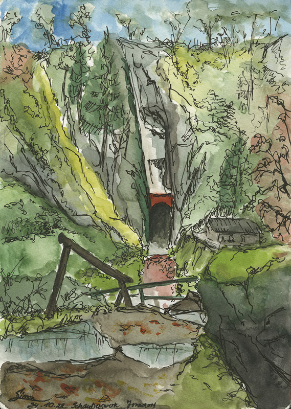 Eine Landschaftsskizze in lockerem Aquarell.