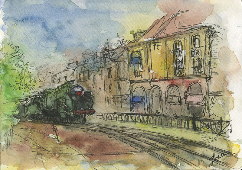 Eine schnelle Skizze einer Stadt und Dampflok in lockerem Aquarell.