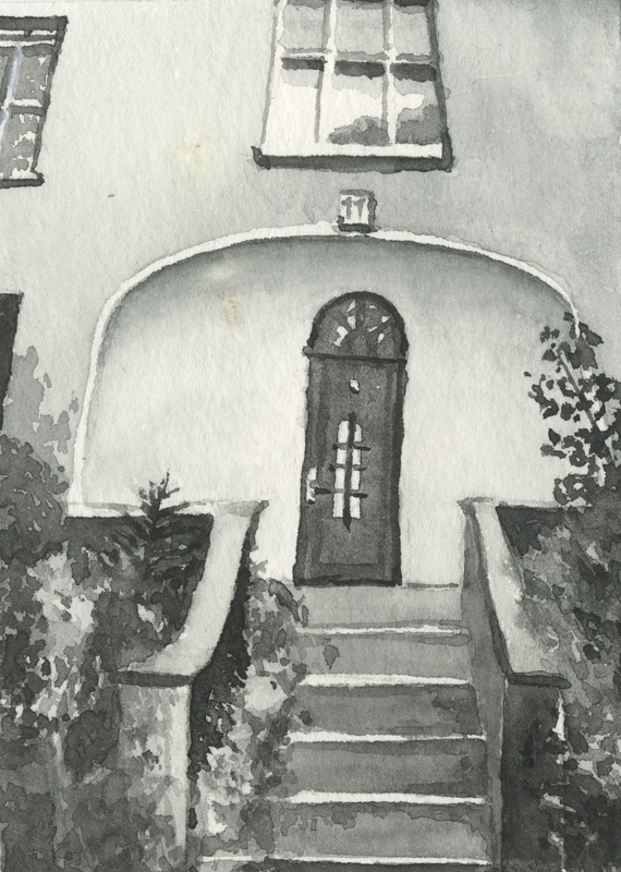 Eine schnelle Finelinerskizze mit lockerem Strich eines Hauses am Berg.