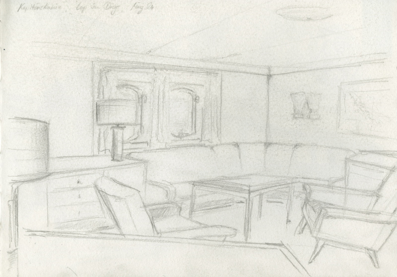 Eine schnelle Finelinerskizze mit lockerem Strich eines Hauses am Berg.