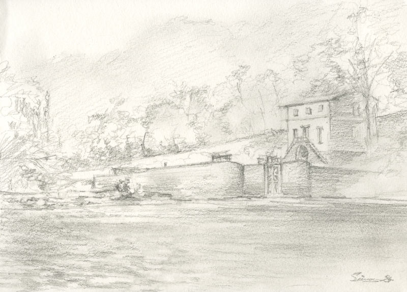 Eine schnelle Finelinerskizze mit lockerem Strich eines Hauses am Berg.