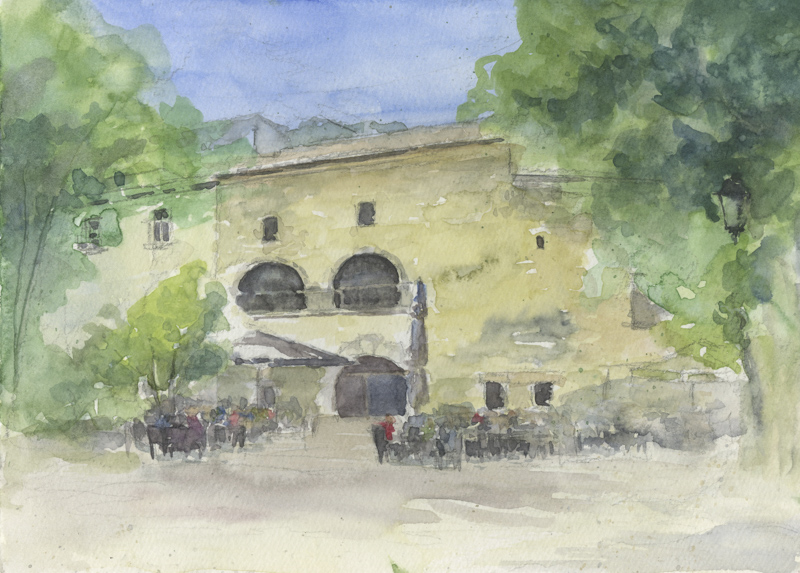 Eine schnelle Finelinerskizze mit lockerem Strich eines Hauses am Berg.