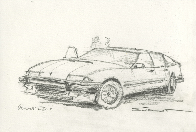 Eine schnelle Finelinerskizze mit lockerem Strich eines Hauses am Berg.