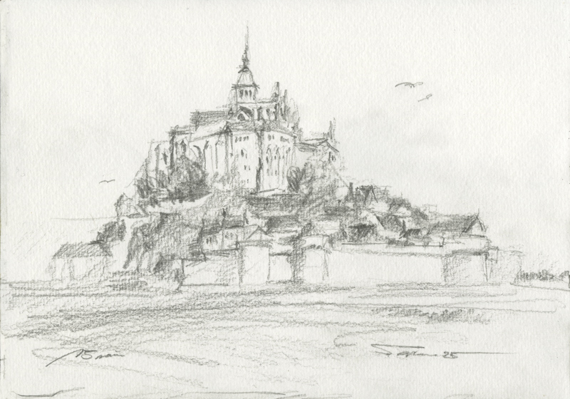 Eine schnelle Finelinerskizze mit lockerem Strich eines Hauses am Berg.