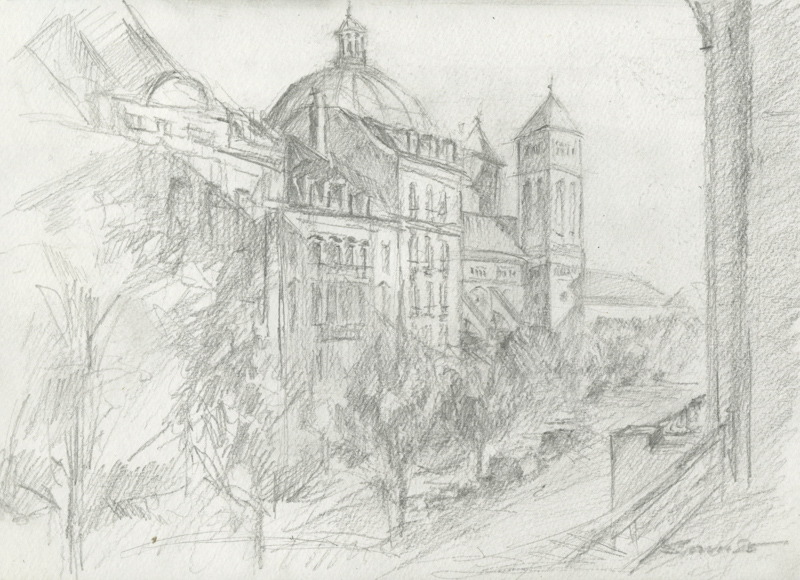 Eine schnelle Finelinerskizze mit lockerem Strich eines Hauses am Berg.