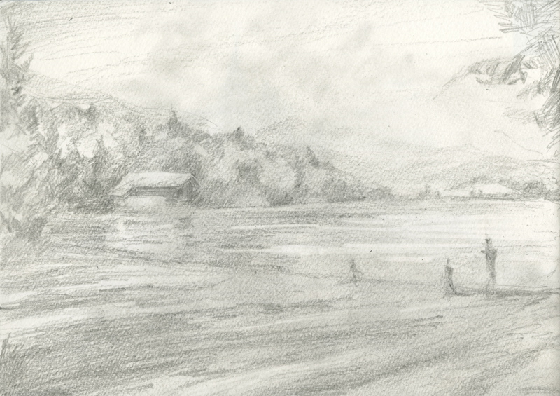 Eine schnelle Finelinerskizze mit lockerem Strich eines Hauses am Berg.